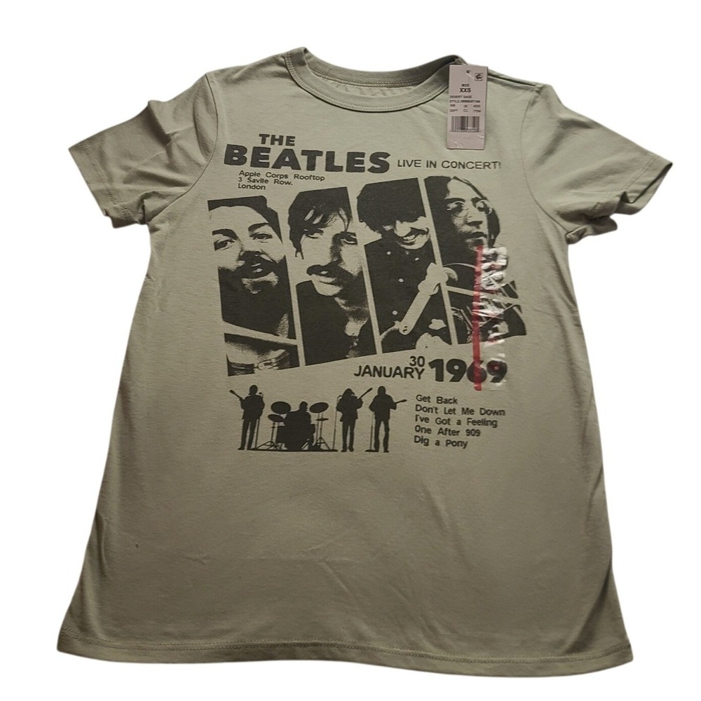 The Beatles Live In Concert 1969 Rooftop Graphic T-Shirt Desert Sage XXS NEW